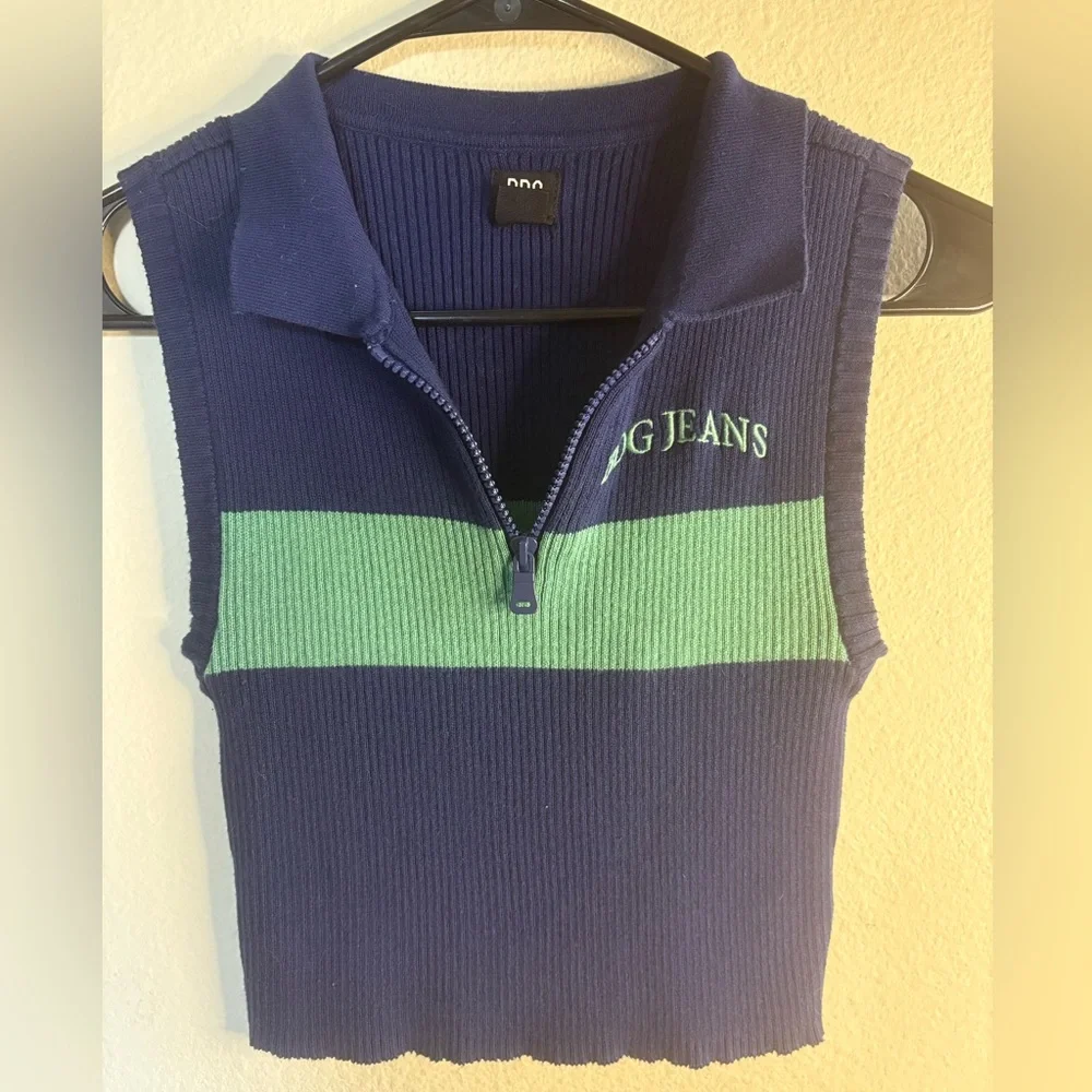 BDG half zip Sleeveless Polo in Navy and Mint - Picture 2 of 4